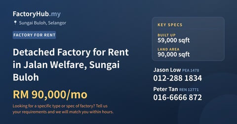 Detached Factory for Rent in Jalan Welfare, Sungai Buloh, 59,000 sqft