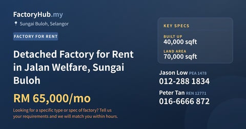 Detached Factory for Rent in Jalan Welfare, Sungai Buloh, 40,000 sqft