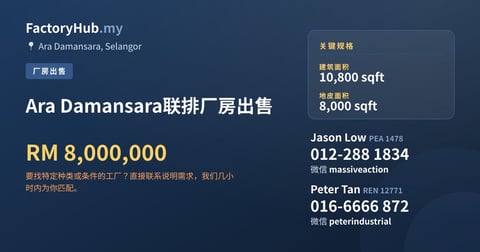 Ara Damansara联排厂房出售，10,800 平方尺