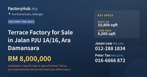 Terrace Factory for Sale in Jalan PJU 1A/16, Ara Damansara, 10,800 sqft
