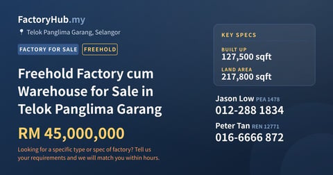 Freehold Factory cum Warehouse for Sale in Telok Panglima Garang, 127,500 sqft