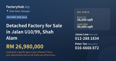 Detached Factory for Sale in Jalan U10/99, Shah Alam, 58,000 sqft