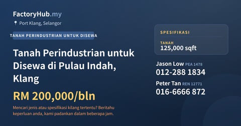 Tanah Perindustrian untuk Disewa di Pulau Indah, Klang, 125,000 kaki persegi - Port Klang, Selangor