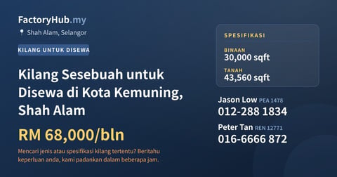 Kilang Sesebuah untuk Disewa di Kota Kemuning, Shah Alam, 30,000 kaki persegi