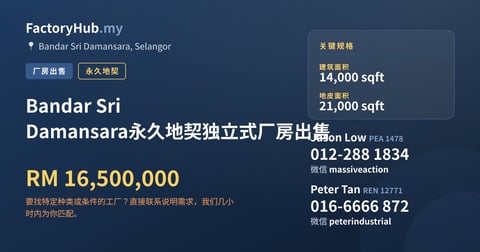 Bandar Sri Damansara永久地契独立式厂房出售，14,000 平方尺