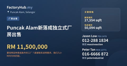 Puncak Alam新落成独立式厂房出售，27,554 平方尺