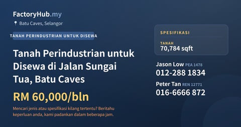 Tanah Perindustrian untuk Disewa di Jalan Sungai Tua, Batu Caves, 70,784 kaki persegi