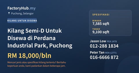 Kilang Untuk Disewa - Kilang Semi-D Untuk Disewa di Perdana Industrial Park, Puchong - Puchong, Selangor
