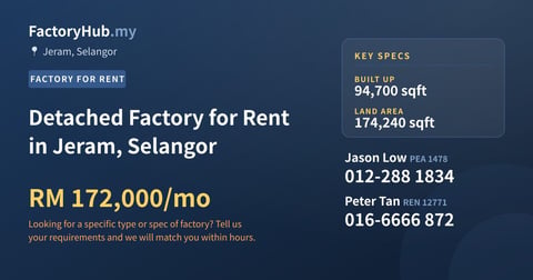 Detached Factory for Rent in Jeram, Selangor, 94,700 sqft