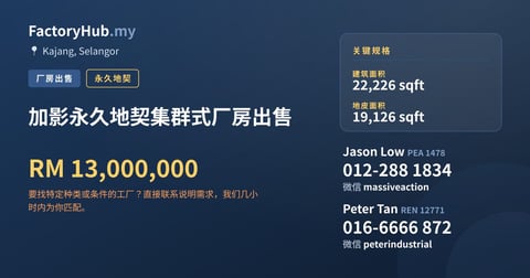 加影永久地契集群式厂房出售，22,226 平方尺