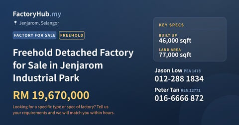 Freehold Detached Factory for Sale in Jenjarom Industrial Park, 46,000 sqft