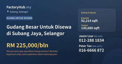 Kilang Untuk Disewa - Gudang Besar Untuk Disewa di Subang Jaya, Selangor - Subang, Selangor