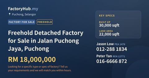 Freehold Detached Factory for Sale in Jalan Puchong Jaya, Puchong, 30,000 sqft