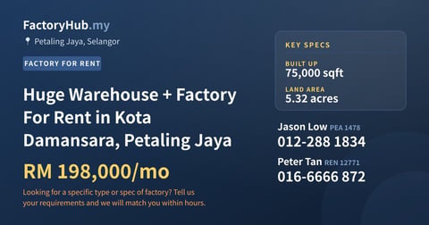 Factory For Rent - Huge Warehouse + Factory For Rent in Kota Damansara, Petaling Jaya - Petaling Jaya, Selangor