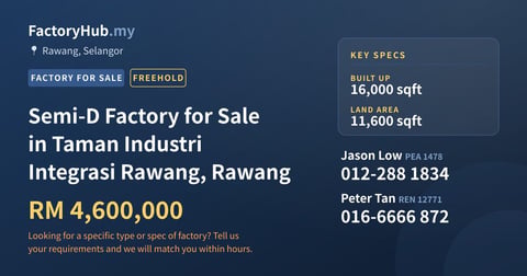 Semi-D Factory for Sale in Taman Industri Integrasi Rawang, Rawang, 16,000 sqft