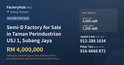Semi-D Factory for Sale in Taman Perindustrian USJ 1, Subang Jaya, 5,500 sqft