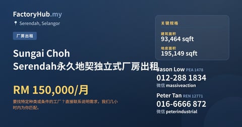 Sungai Choh Serendah永久地契独立式厂房出租，93,464 平方尺
