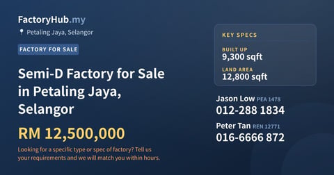 Semi-D Factory for Sale in Petaling Jaya, Selangor, 9,300 sqft