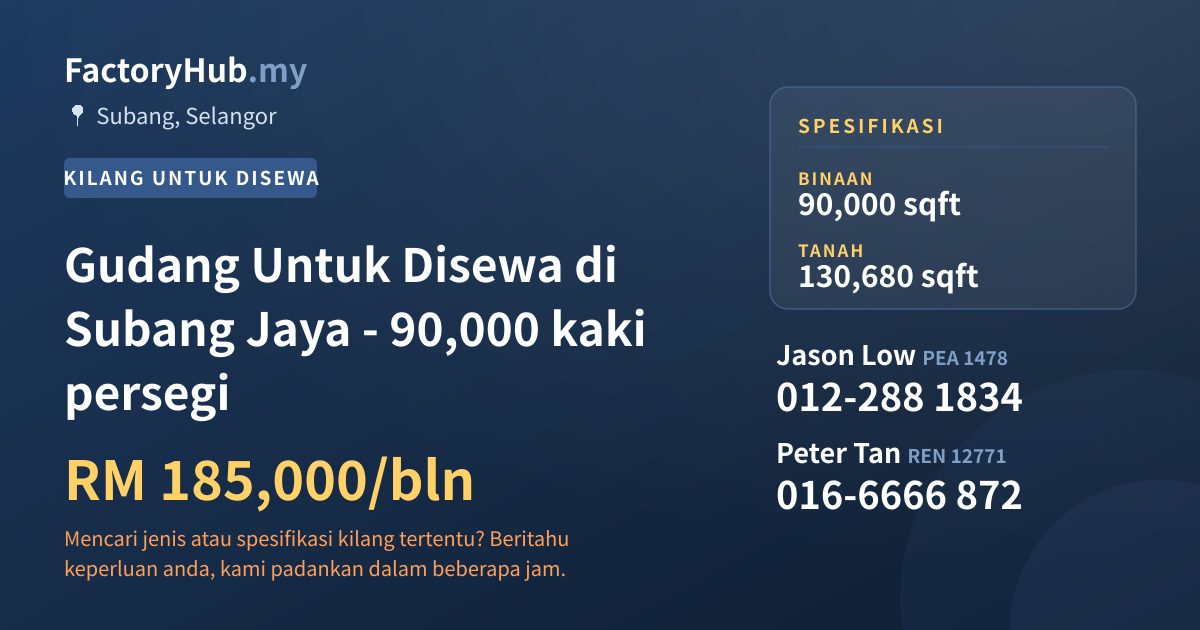 Kilang Untuk Disewa - Gudang Untuk Disewa di Subang Jaya - 90,000 kaki persegi - Subang, Selangor