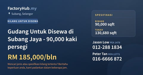 Kilang Untuk Disewa - Gudang Untuk Disewa di Subang Jaya - 90,000 kaki persegi - Subang, Selangor