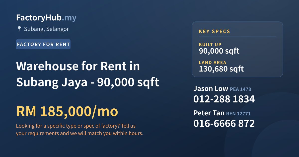Factory For Rent - Warehouse for Rent in Subang Jaya - 90,000 sqft - Subang, Selangor