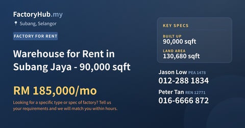 Factory For Rent - Warehouse for Rent in Subang Jaya - 90,000 sqft - Subang, Selangor