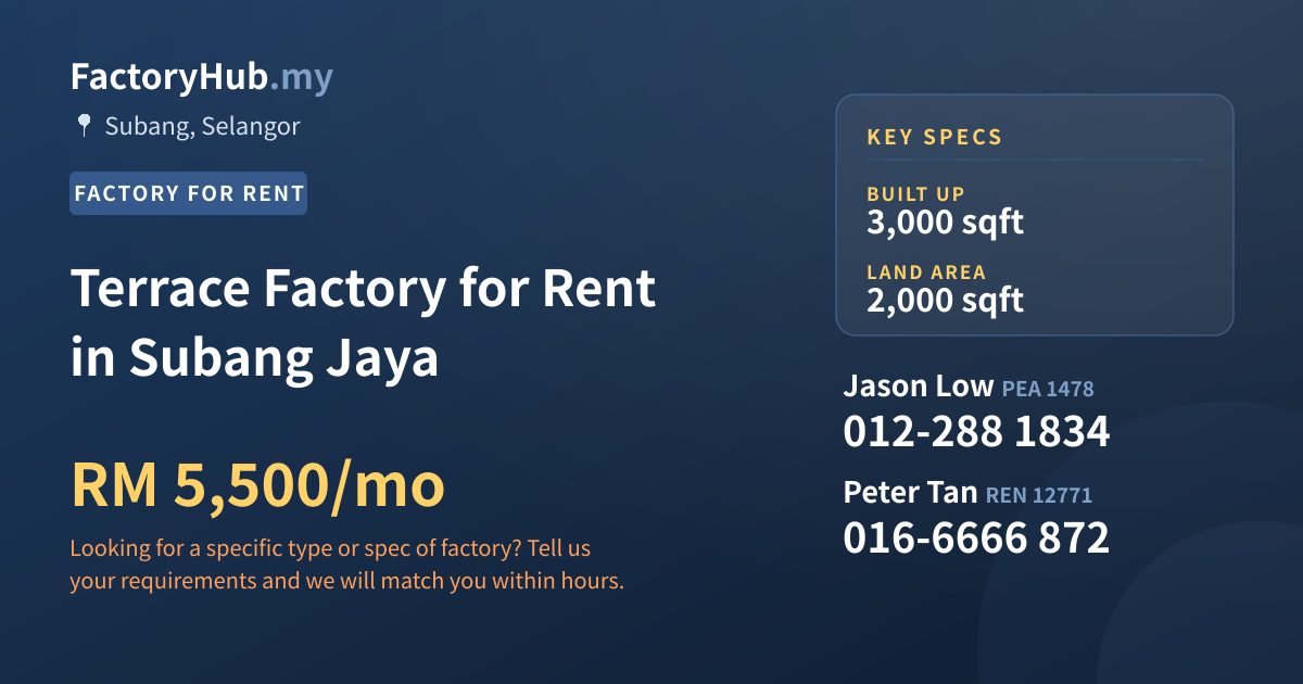 Factory For Rent - Terrace Factory for Rent in Subang Jaya - Subang, Selangor