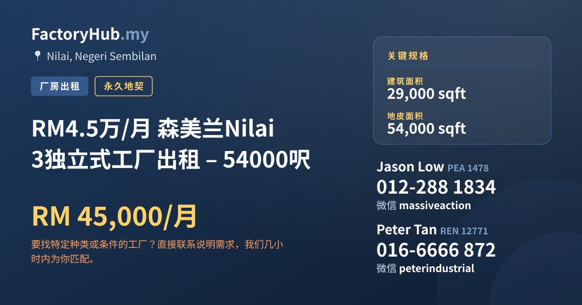 工厂 出租 - RM4.5万/月 森美兰Nilai 3独立式工厂出租 – 54000呎 - Nilai, Negeri Sembilan