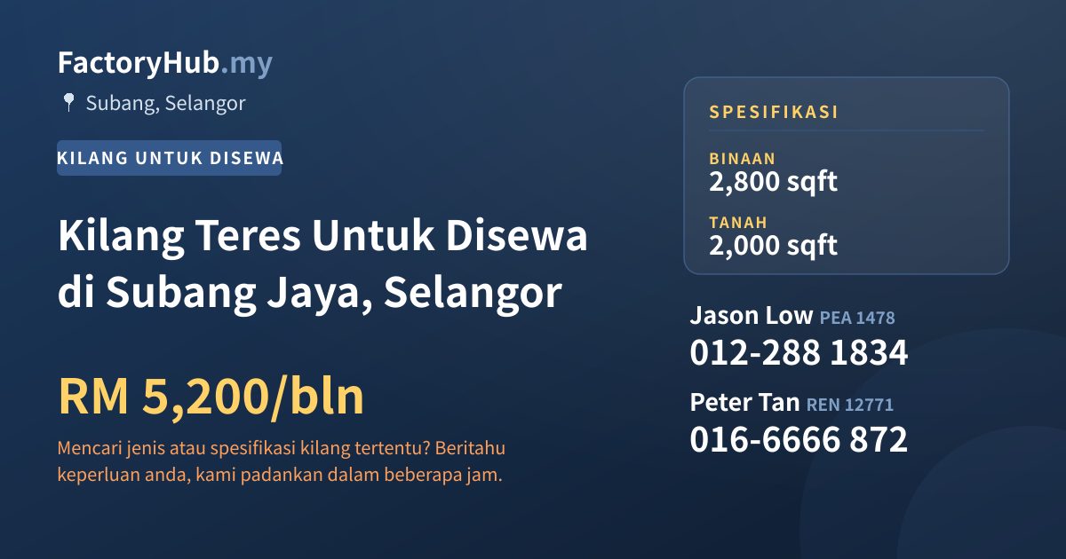 Kilang Untuk Disewa - Kilang Teres Untuk Disewa di Subang Jaya, Selangor - Subang, Selangor
