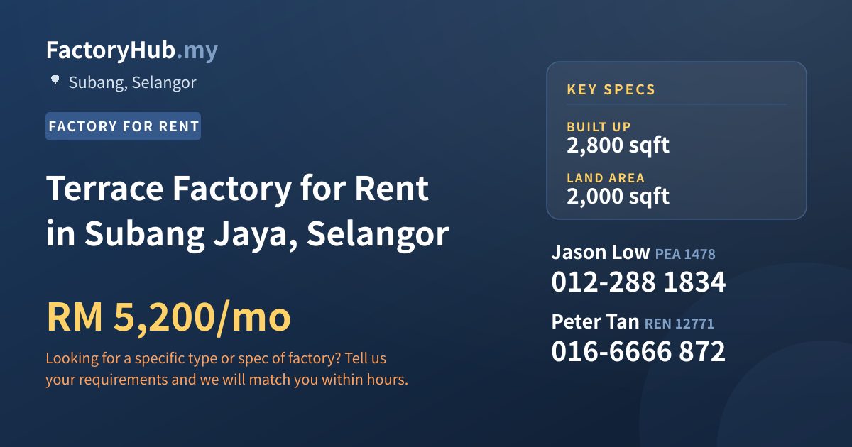 Factory For Rent - Terrace Factory for Rent in Subang Jaya, Selangor - Subang, Selangor