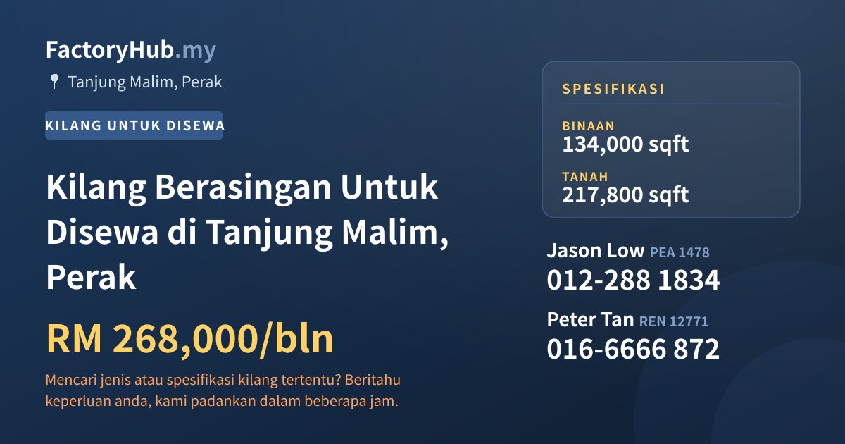 Kilang Untuk Disewa - Kilang Berasingan Untuk Disewa di Tanjung Malim, Perak - Tanjung Malim, Perak