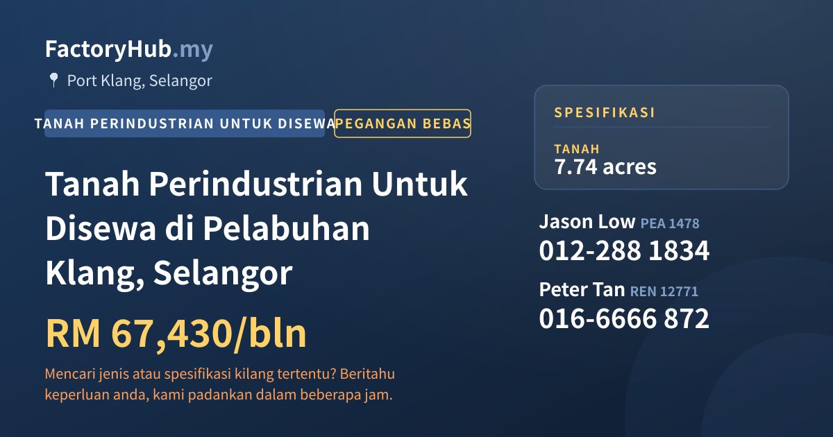 Tanah Untuk Disewa - Tanah Perindustrian Untuk Disewa di Pelabuhan Klang, Selangor - Port Klang, Selangor