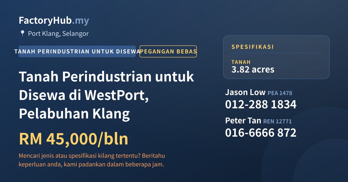 Tanah Untuk Disewa - Tanah Perindustrian untuk Disewa di WestPort, Pelabuhan Klang - Port Klang, Selangor