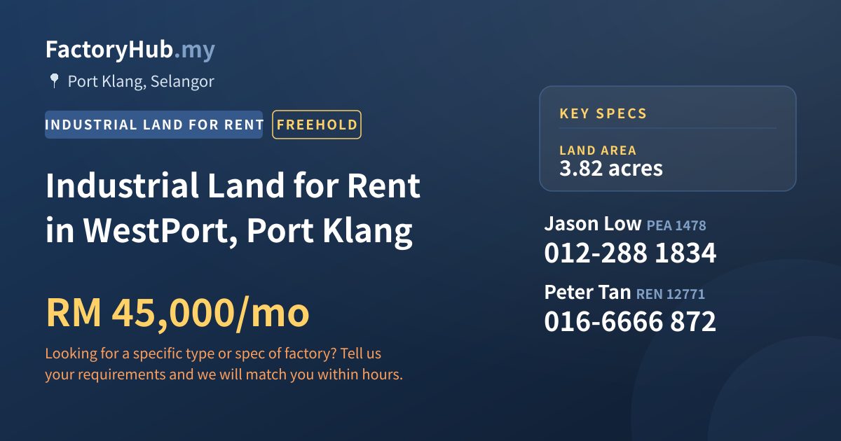 Land For Rent - Industrial Land for Rent in WestPort, Port Klang - Port Klang, Selangor