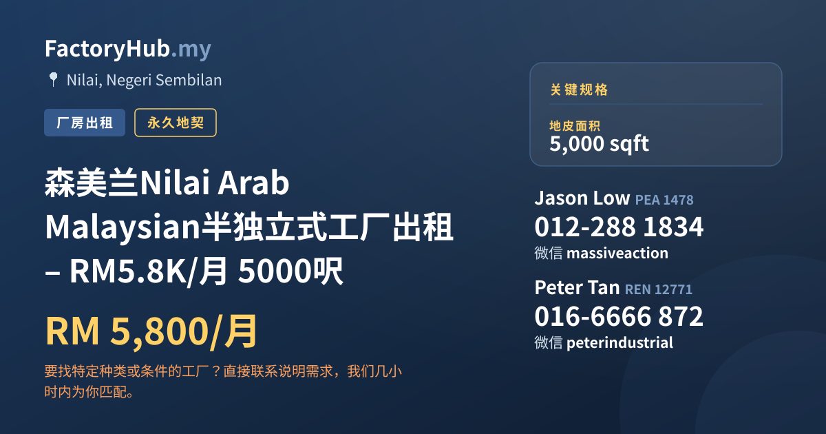 工厂 出租 - 森美兰Nilai Arab Malaysian半独立式工厂出租 – RM5.8K/月 5000呎 - Nilai, Negeri Sembilan