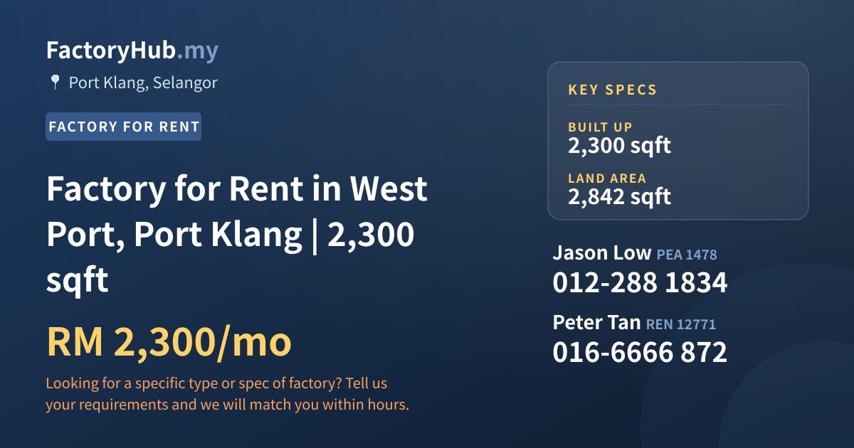 Factory For Rent - Factory for Rent in West Port, Port Klang | 2,300 sqft - Port Klang, Selangor