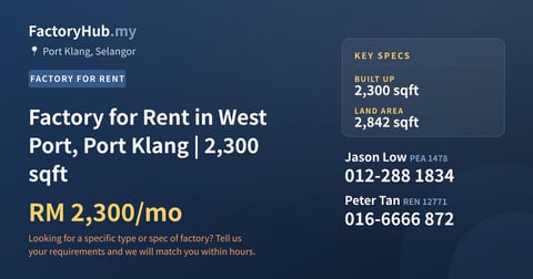 Factory For Rent - Factory for Rent in West Port, Port Klang | 2,300 sqft - Port Klang, Selangor