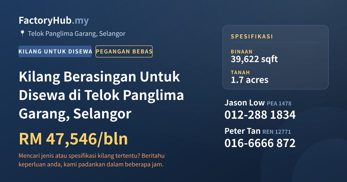 Kilang Untuk Disewa - Kilang Berasingan Untuk Disewa di Telok Panglima Garang, Selangor - Telok Panglima Garang, Selangor