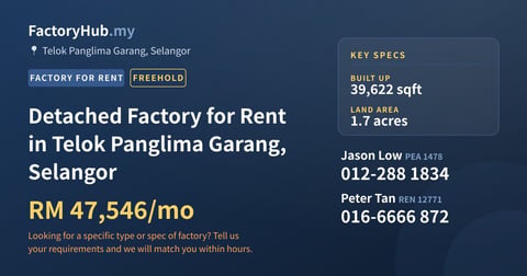 Factory For Rent - Detached Factory for Rent in Telok Panglima Garang, Selangor - Telok Panglima Garang, Selangor