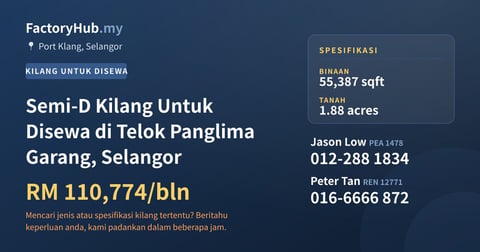 Kilang Untuk Disewa - Semi-D Kilang Untuk Disewa di Telok Panglima Garang, Selangor - Port Klang, Selangor