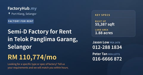 Factory For Rent - Semi-D Factory for Rent in Telok Panglima Garang, Selangor - Port Klang, Selangor