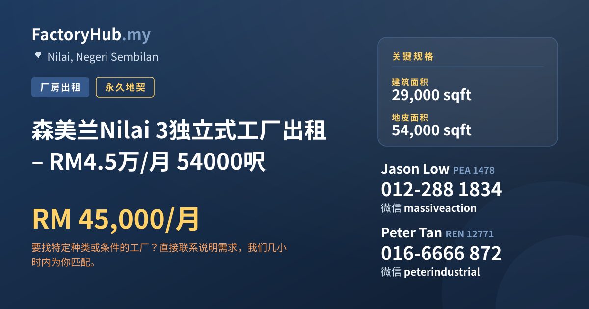 工厂 出租 - 森美兰Nilai 3独立式工厂出租 – RM4.5万/月 54000呎 - Nilai, Negeri Sembilan