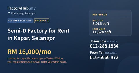Factory For Rent - Semi-D Factory for Rent in Kapar, Selangor - Port Klang, Selangor