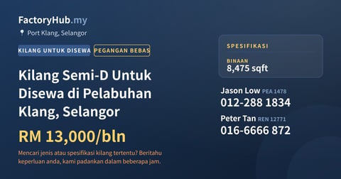 Kilang Untuk Disewa - Kilang Semi-D Untuk Disewa di Pelabuhan Klang, Selangor - Port Klang, Selangor