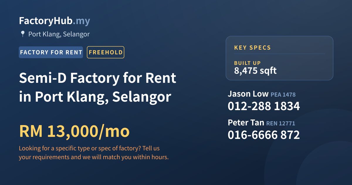Factory For Rent - Semi-D Factory for Rent in Port Klang, Selangor - Port Klang, Selangor