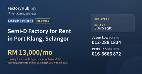 Factory For Rent - Semi-D Factory for Rent in Port Klang, Selangor - Port Klang, Selangor