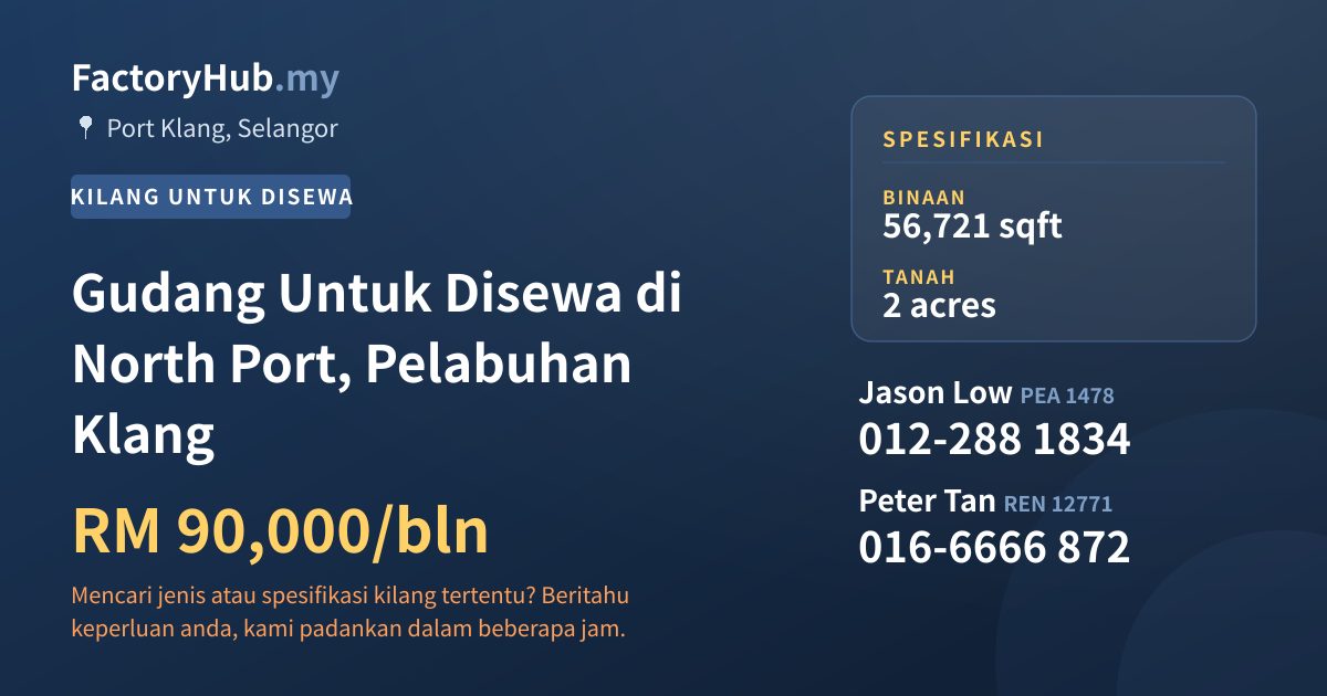 Kilang Untuk Disewa - Gudang Untuk Disewa di North Port, Pelabuhan Klang - Port Klang, Selangor