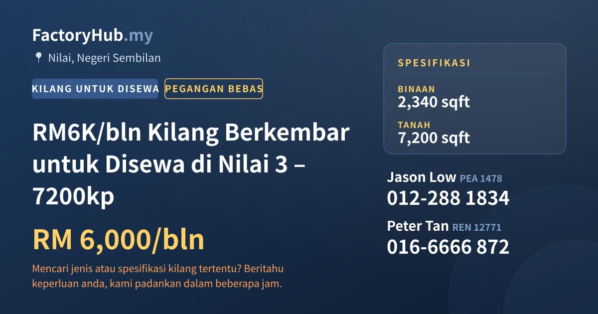 Kilang Untuk Disewa - RM6K/bln Kilang Berkembar untuk Disewa di Nilai 3 – 7200kp - Nilai, Negeri Sembilan