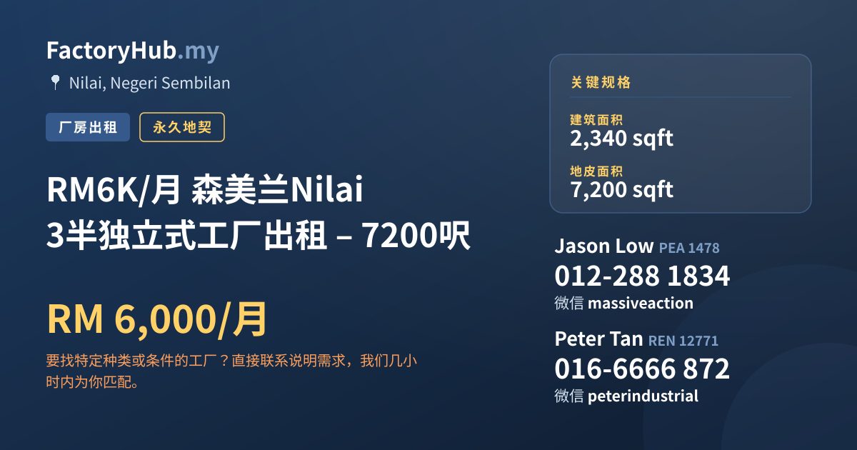 工厂 出租 - RM6K/月 森美兰Nilai 3半独立式工厂出租 – 7200呎 - Nilai, Negeri Sembilan