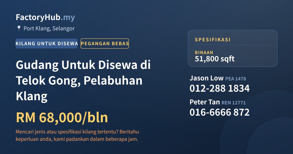 Kilang Untuk Disewa - Gudang Untuk Disewa di Telok Gong, Pelabuhan Klang - Port Klang, Selangor